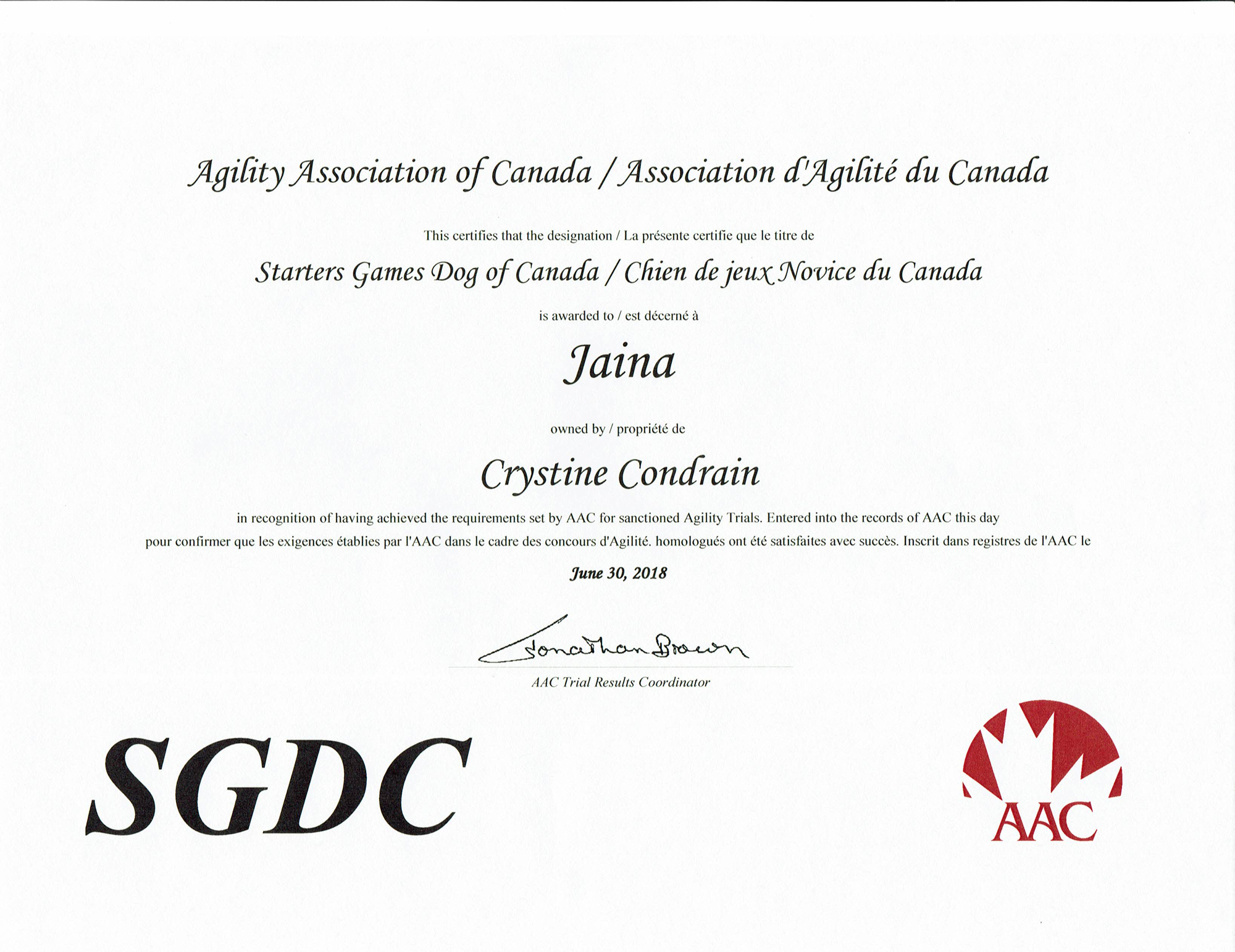 Agility title - Starters Games Dog of Canada (AAC)