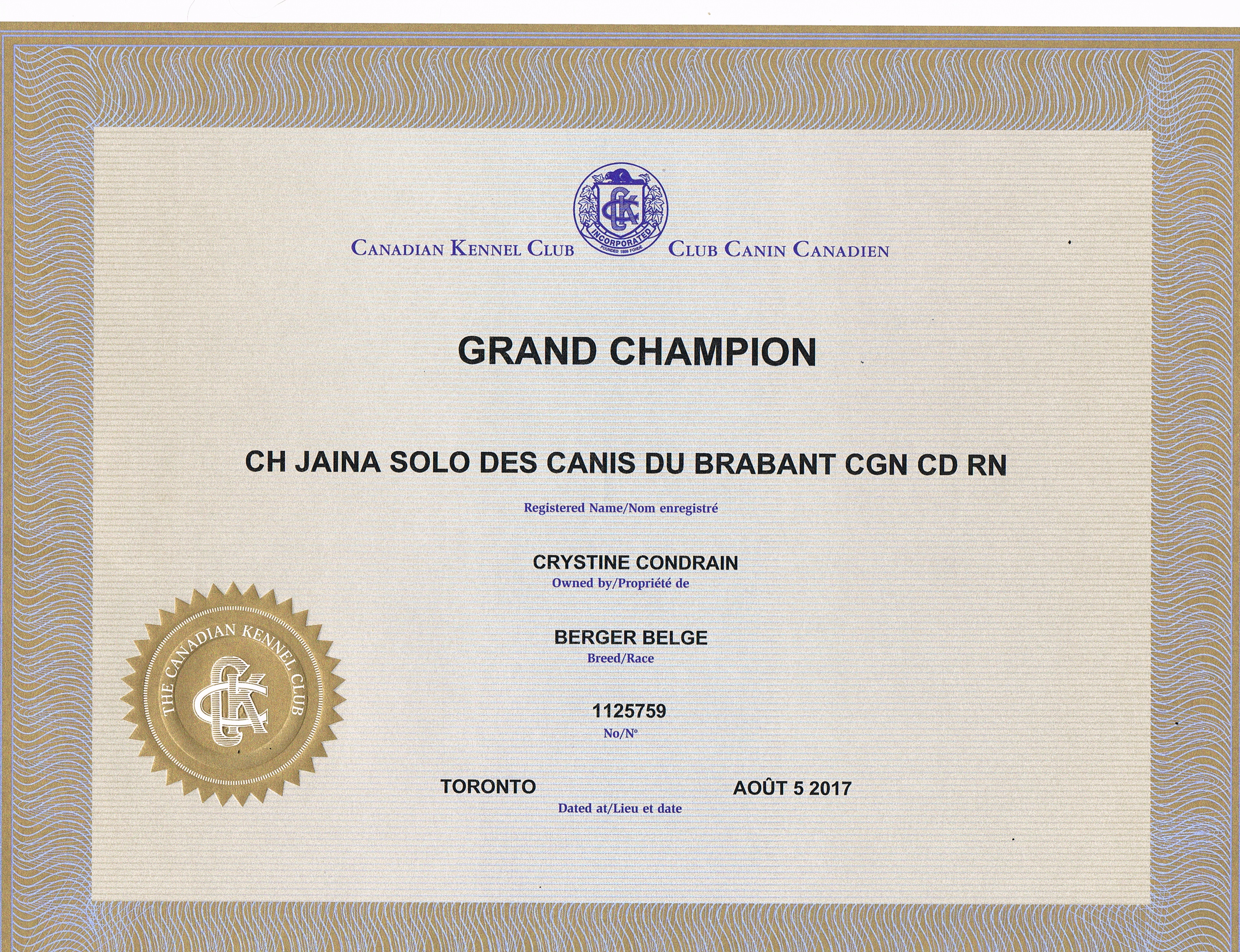 Certificate of Grand Champion (CKC)