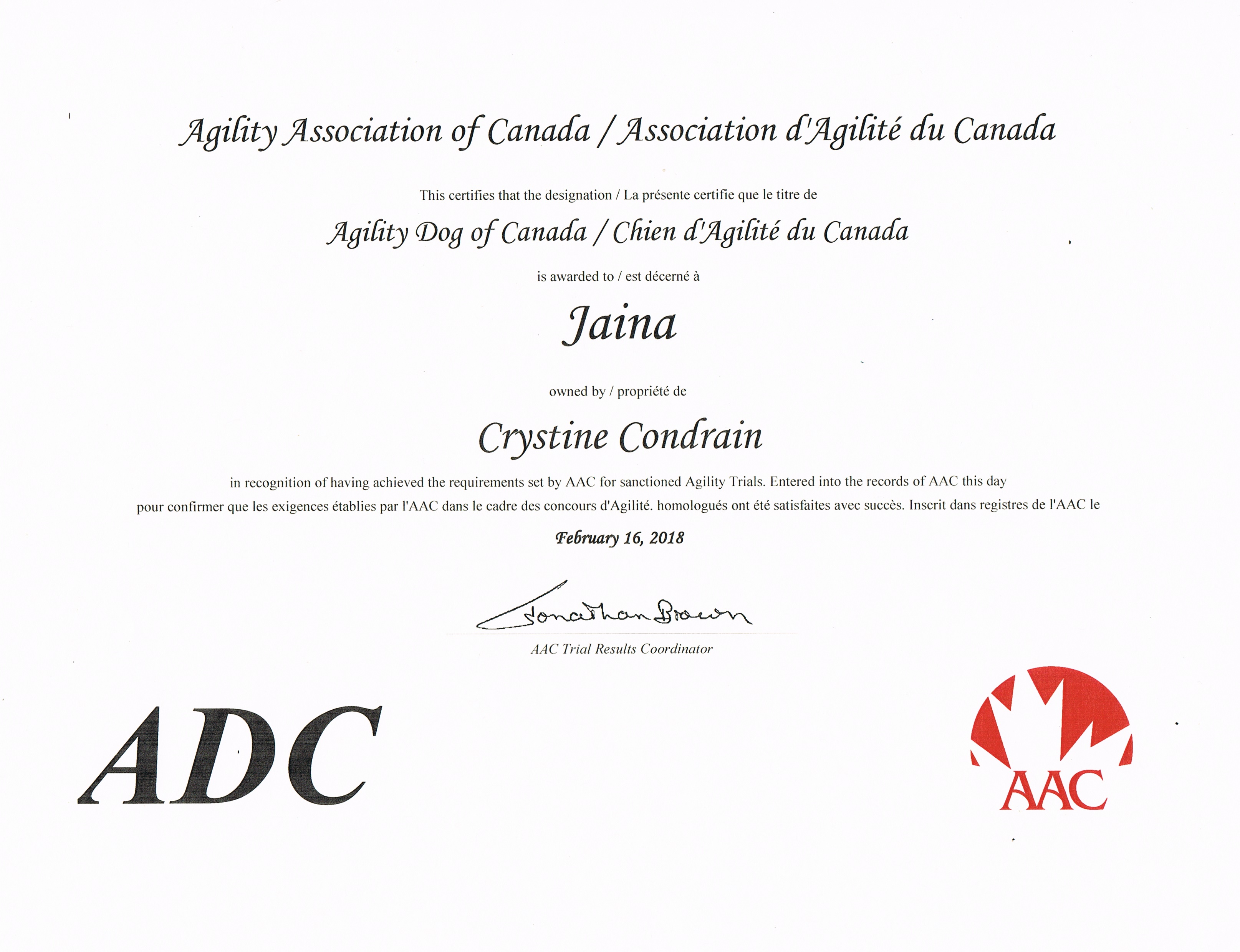 AAC Agility of Canada Dog Certificate