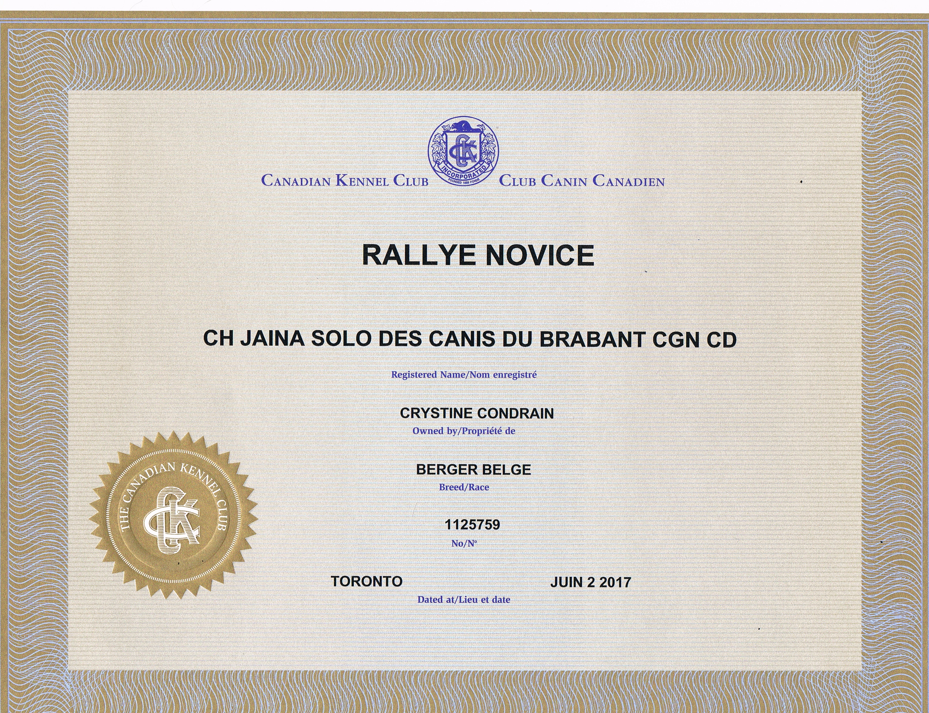 Obedience Rallye novice title (CKC)